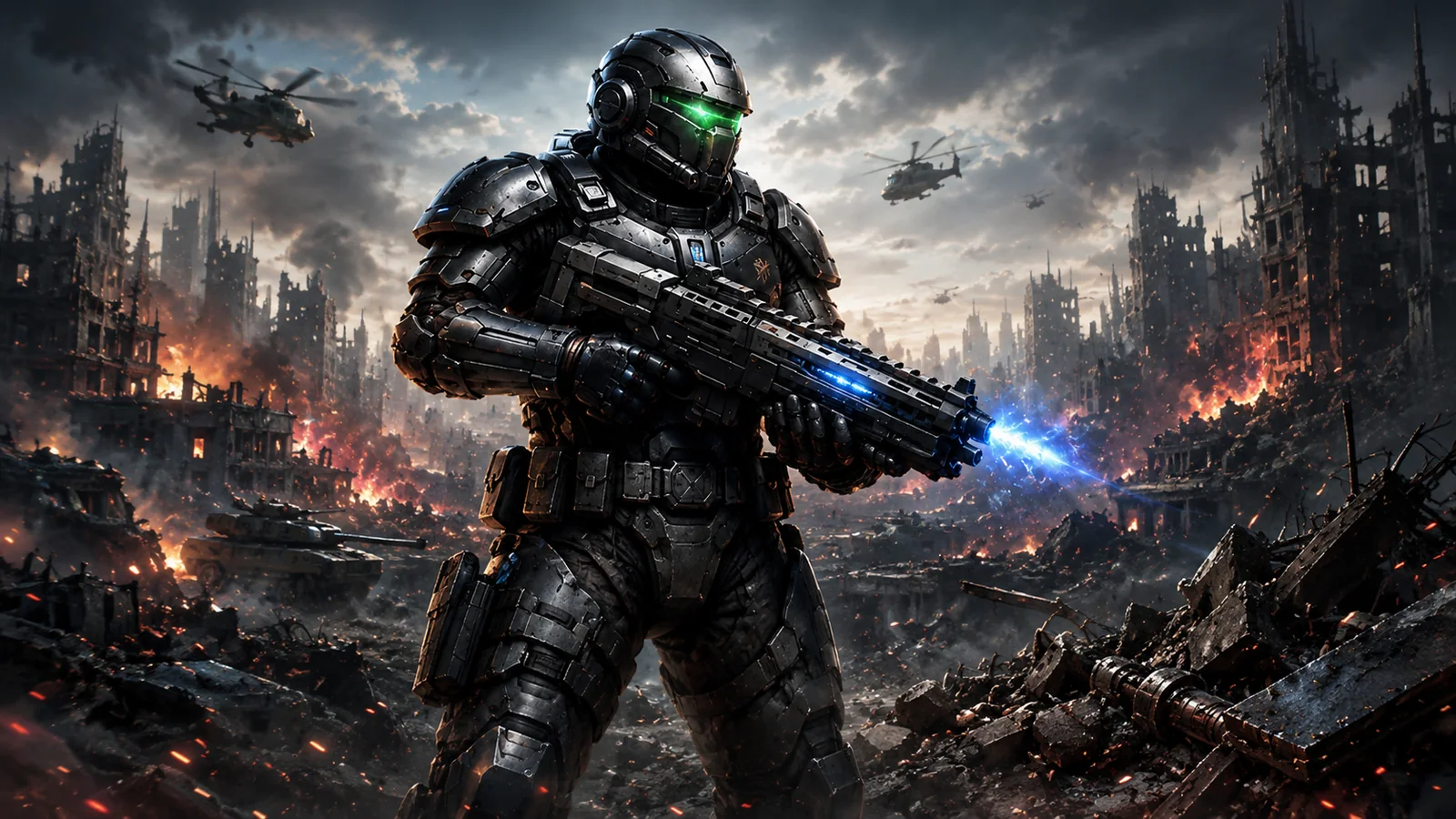 Metal Avenger armored soldier in a ruined futuristic city